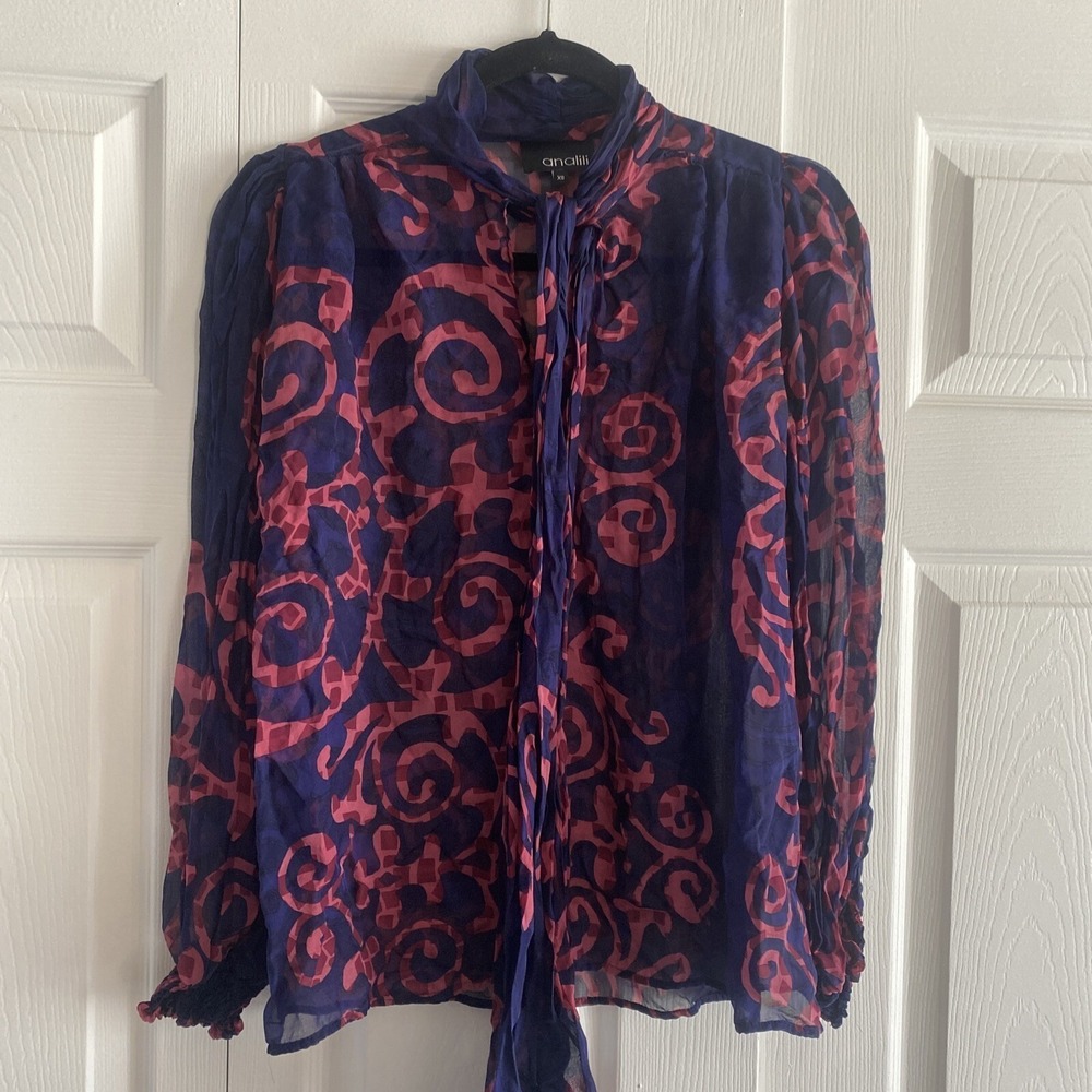 Analili Bow Blouse Womens Size XS Purple Pink Sheer Scroll Smocked Cuff‎